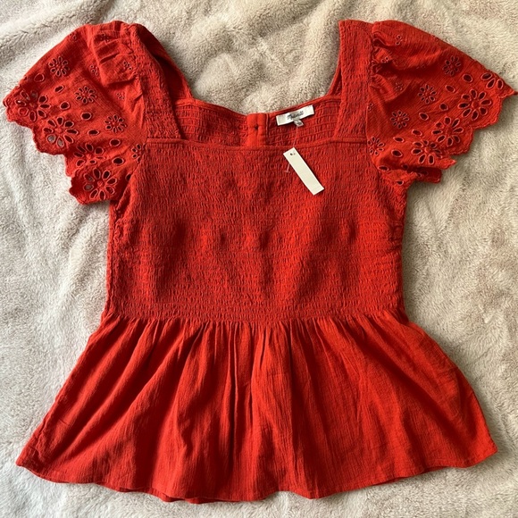 NWT Madewell Lucie Eyelet Smocked Top Red Orange Size S - Picture 4 of 12